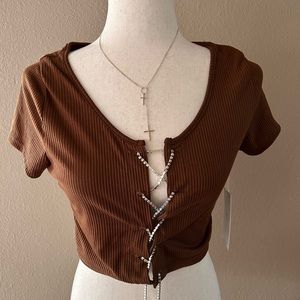 Crop rhinestone lace up top in brown